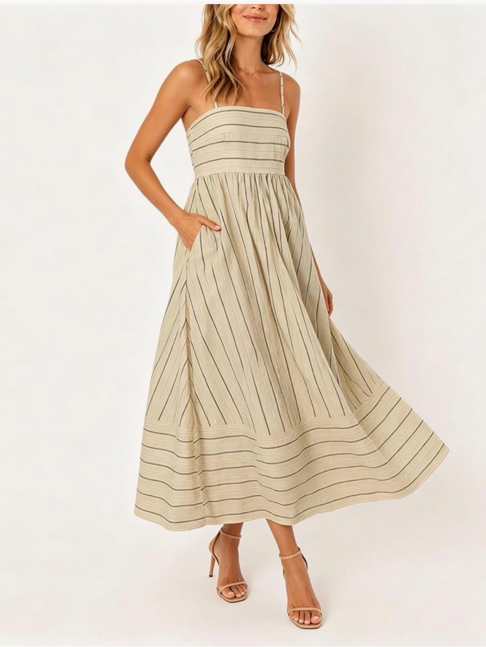 Striped Linen-Blend Maxi Dress in Beige